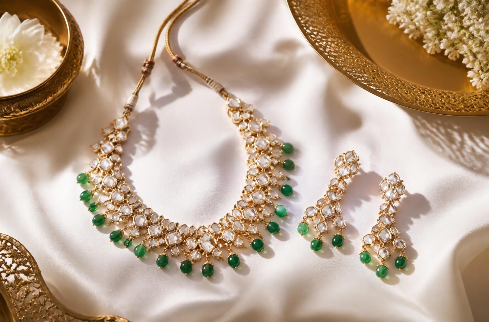 Polki diamond and emerald Noor necklace with matching earrings on ivory silk